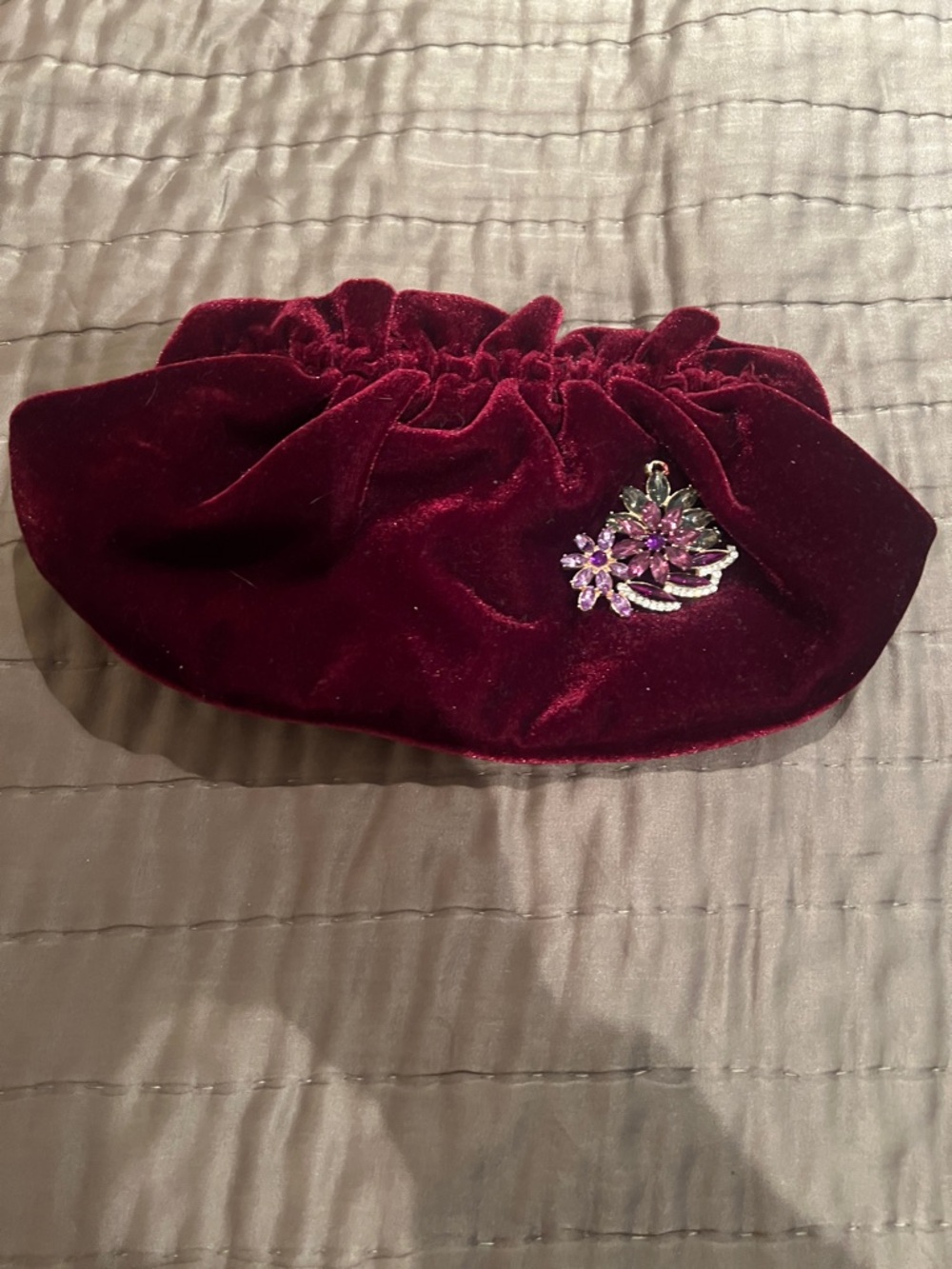 Anthropologie Velvet Drawstring Clutch in Deep Burgundy with Jewel Accent